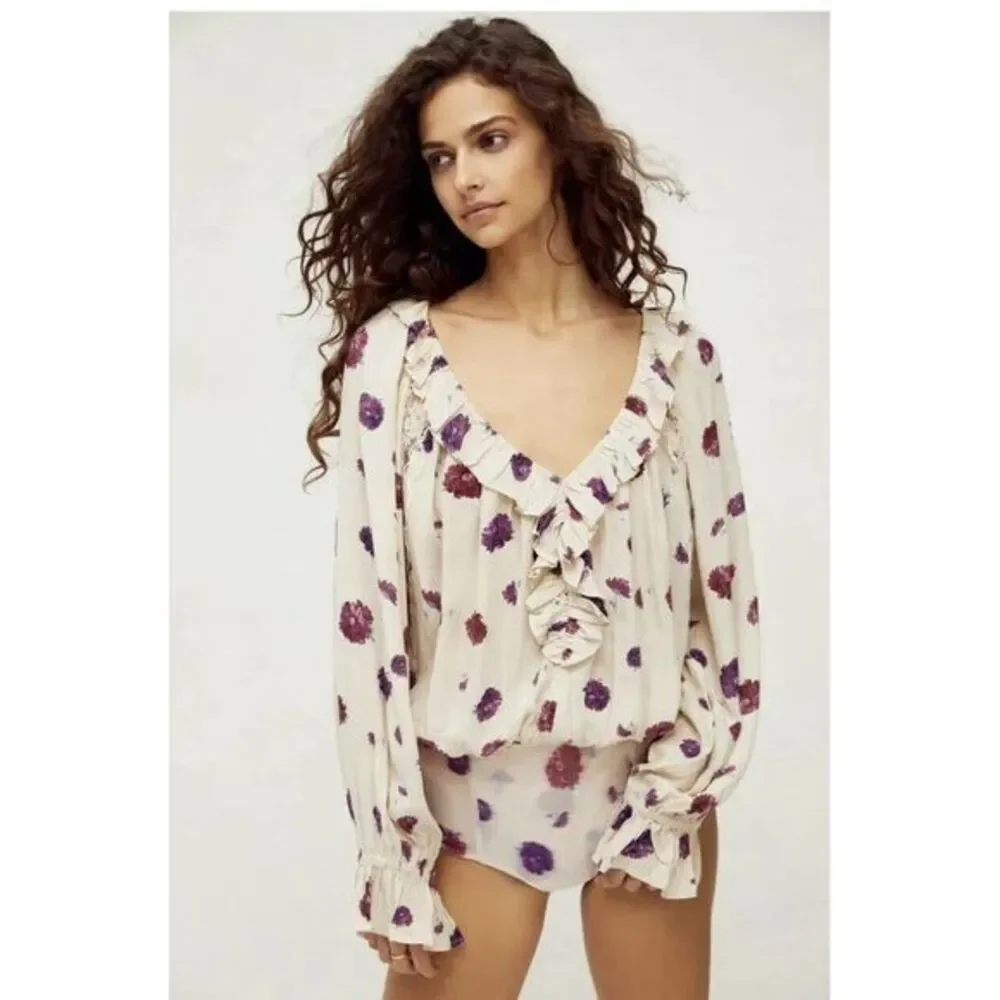 NEW FREE PEOPLE Sz S POPPY PRINTED BODYSUIT IN IVORY‎ COMBO